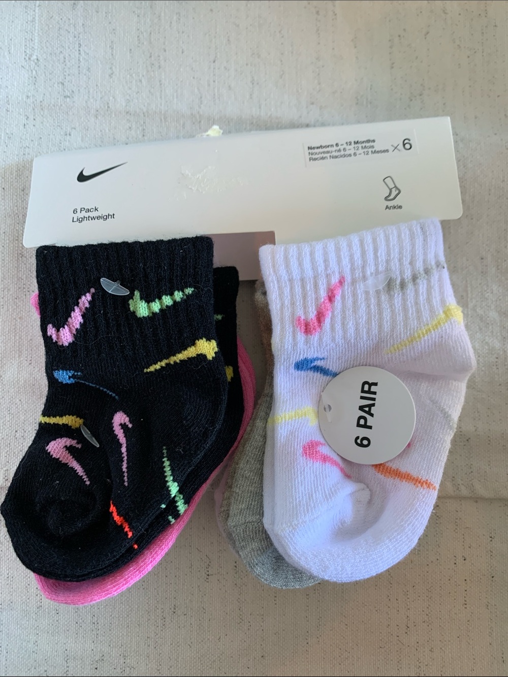 Nike Kids 6-Pack Ankle Socks - Black, White & Multicolor Swooshes